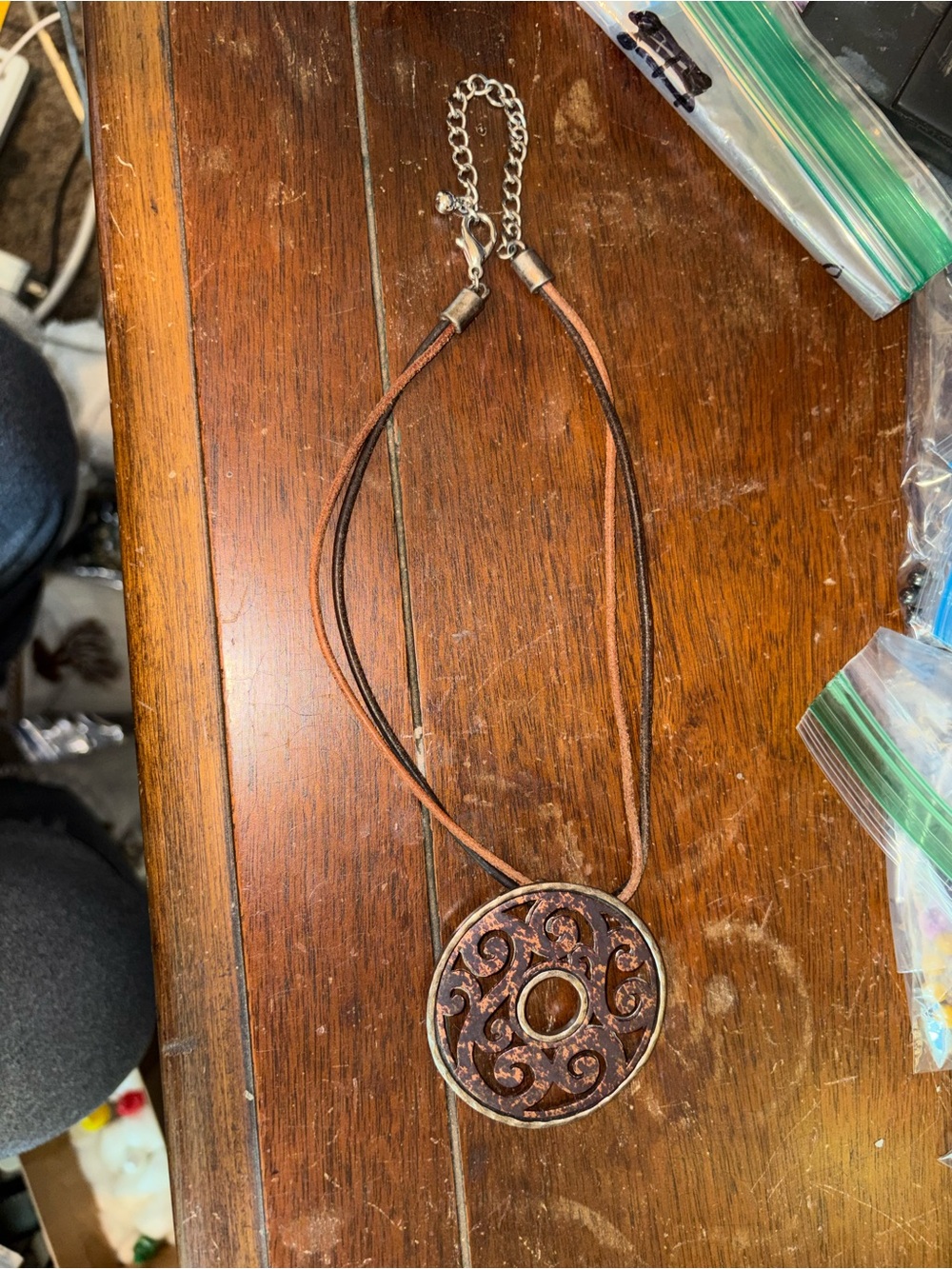Brown Leather Cord Necklace with Ornate Round Pendant